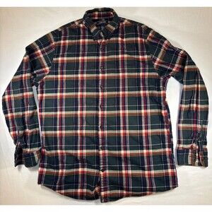 FLANNEL Shirt Mens Large Tall LANDS END Red Navy Plaid 16-16.5 Tailored Fit